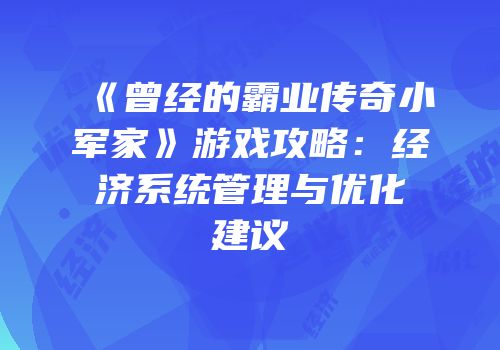 《曾经的霸业传奇小军家》游戏攻略：经济系统管理与优化建议