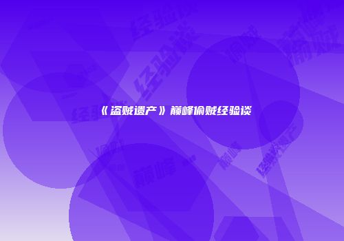 《盗贼遗产》巅峰偷贼经验谈