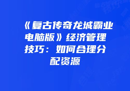 《复古传奇龙城霸业电脑版》经济管理技巧：如何合理分配资源