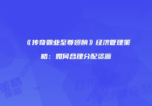 《传奇霸业至尊翅膀》经济管理策略：如何合理分配资源