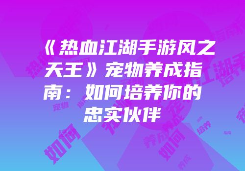 《热血江湖手游风之天王》宠物养成指南：如何培养你的忠实伙伴