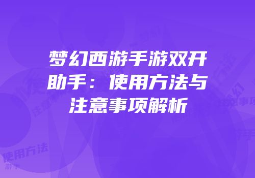 梦幻西游手游双开助手：使用方法与注意事项解析
