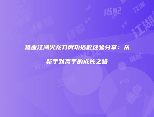 热血江湖火龙刀武功搭配经验分享：从新手到高手的成长之路