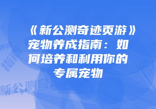 《新公测奇迹页游》宠物养成指南：如何培养和利用你的专属宠物