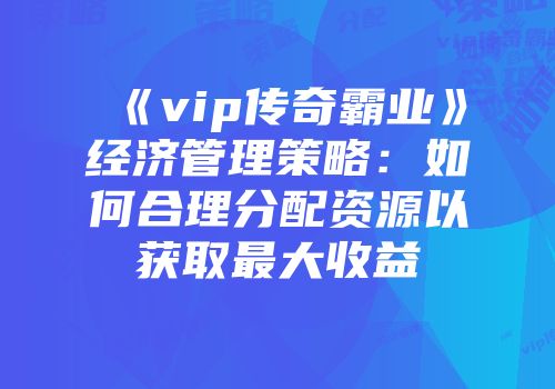 《vip传奇霸业》经济管理策略：如何合理分配资源以获取最大收益