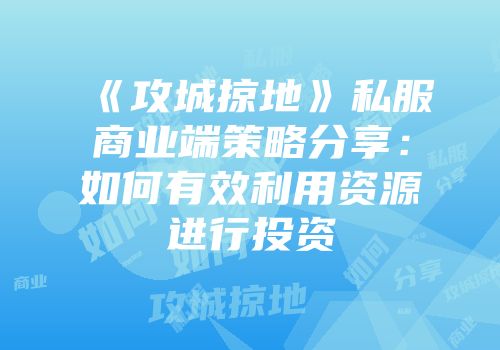 《攻城掠地》私服商业端策略分享：如何有效利用资源进行投资