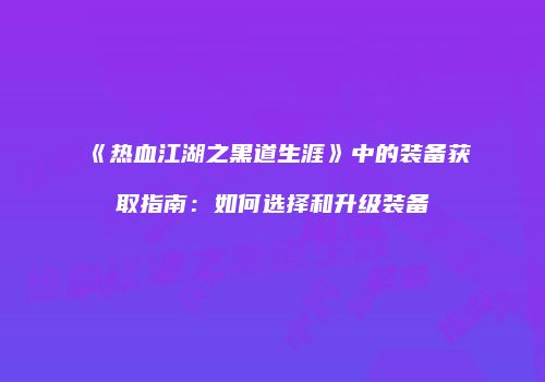 《热血江湖之黑道生涯》中的装备获取指南：如何选择和升级装备