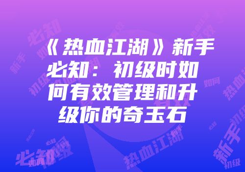 《热血江湖》新手必知：初级时如何有效管理和升级你的奇玉石