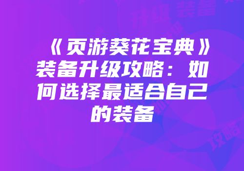 《页游葵花宝典》装备升级攻略：如何选择最适合自己的装备